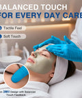 Top Shelf 3 Mil Nitrile Exam Gloves For Healthcare Crew Dead Reliable Zero Powder And Latex Free Slick Comfort With Hardcore Durability Hassle Free Patient Care worn during a facial treatment on a client.