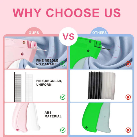 Comparison image showing Handheld Stitch Gun For No Sweat Wardrobe Rescue Hella Fast Clothing Fixer with fine needles and clips.