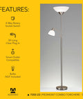 Piedmont 71 Inch Floor Lamp With Dual 150W Torchiere Up Light And 60W Reading Lamp, Brushed Steel Modern Combo Lamp