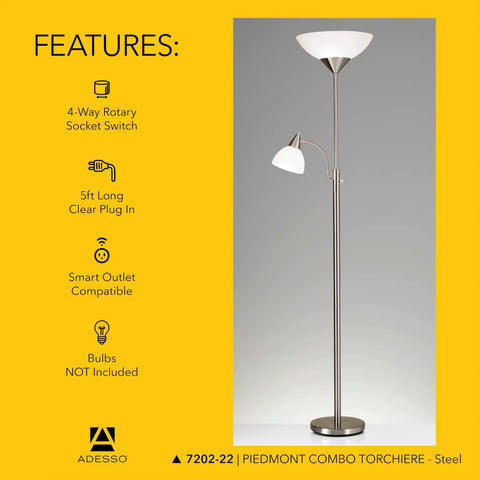 Piedmont 71 Inch Floor Lamp With Dual 150W Torchiere Up Light And 60W Reading Lamp, Brushed Steel Modern Combo Lamp