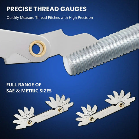 Titanium-Coated Tap and Die Set 86-Piece Pro Grade Threading Kit with SAE and Metric Sizes, thread gauges close-up on blue background