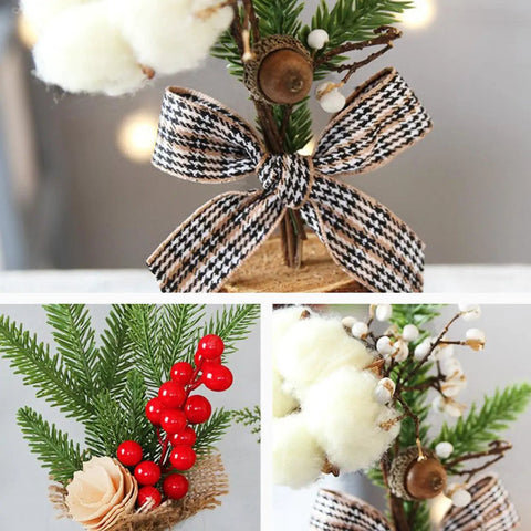 Close-up of Three Piece Tabletop Christmas Tree Set with red berries, pinecones, nuts, and bows, ready to display on a cozy desk or fireplace