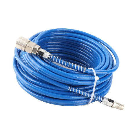 Straight Up Top Rated Heavy Duty Ultra Tough Air Compressor Hose Polyurethane Pneumatic Super Resilient Tubing Ideal For Construction Sites Auto Shops And Garages 20 Meters Long Quarter Inch NPT Blue Fittings Work Horse Gear Proven Performance coiled blue polyurethane hose with metal quick connectors
