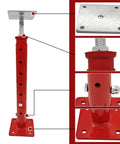 Red adjustable basement floor jack with square base plate; side view showing threaded screw and mounting holes
