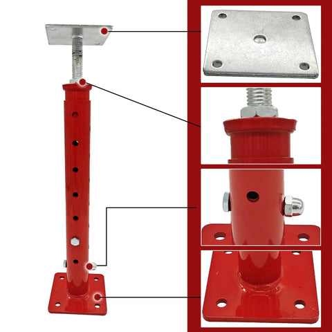 Red adjustable basement floor jack with square base plate; side view showing threaded screw and mounting holes
