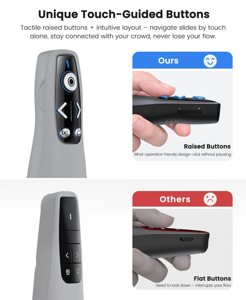 Comparison of wireless presenter with tactile raised buttons vs flat buttons, ideal for meetings and lectures with intuitive layout.