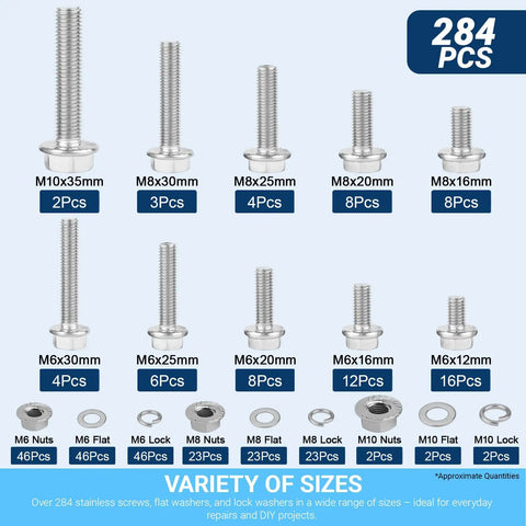 284Pcs 304 Stainless Steel Heavy Duty Flange Bolt Nut Washer Assortment All In One M6 M8 M10 Hex Flange Screws display
