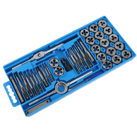 Hardened Alloy Steel Tap And Die Set With Variable Hand Tools For Heavy Duty Screw Threading Operations That Cut Tapered Threads And Craft Precise Nuts in blue case