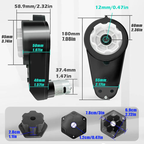 Two Pack High Speed 24V RS555 Motor Gearbox Upgrade Kit dimensions and parts for Power Wheels Ride On Toys with free adapters