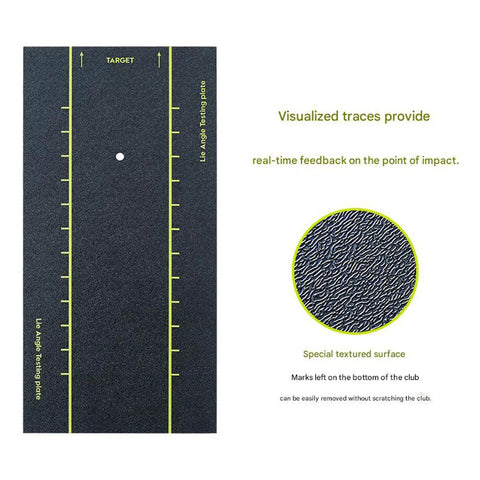 Image of Heavy Duty Golf Club Lie Board For Range Practice With Swing Indicators Pro Grade Protects Clubs On Mats Delivers Accurate Feedback On Shaft Angles For Irons And Wedges Ideal For Driving Range Trainers And Home Practice showing textured ABS surface with feedback lines and circle target.