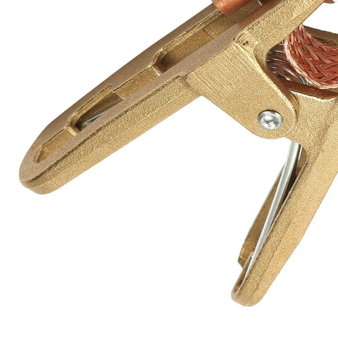 Heavy Duty Brass A-Shape Ground Welding Earth Clamp with Rock Solid Grip for Professional 500A Max Current close-up view.