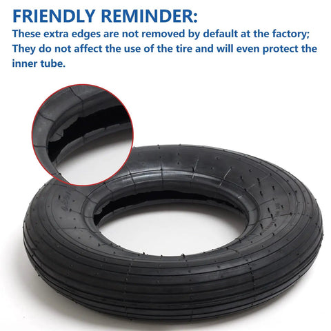 Heavy Duty 4.80/4.00-8 Tire And Inner Tube Set Two Pack showing close-up of tire edge details, suitable for wheelbarrow dolly.