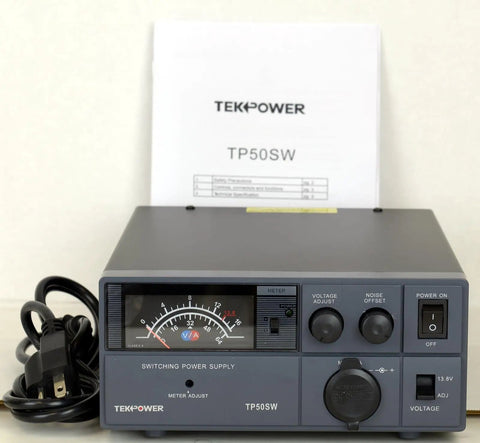 Front view of 50 Amp 13.8V Analog DC Power Supply with manual, showing controls and display for ham and CB radios.