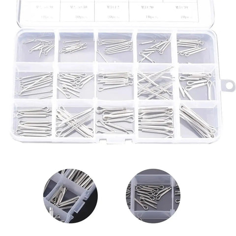 Stainless Steel Split Cotter Pins Kit, 150 Pcs in 15 Kinds, 304 Grade Pins M1 M3 in clear case with compartments.