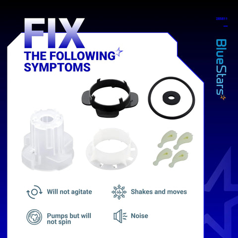 Upgraded medium cam agitator repair kit for Whirlpool/Kenmore washers; white plastic cam, black ring, O-ring, clips