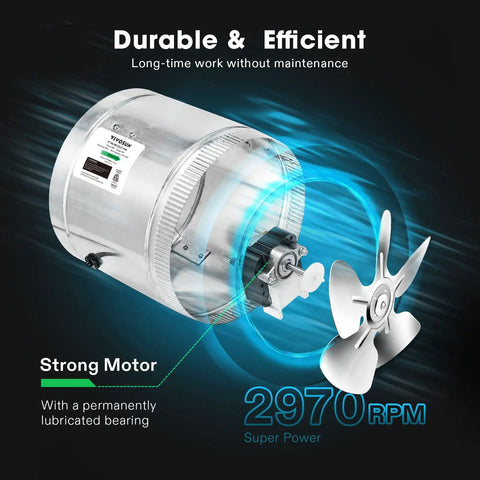 8 Inch Inline Duct Fan 420 CFM Low Noise HVAC Exhaust with metal construction and strong motor