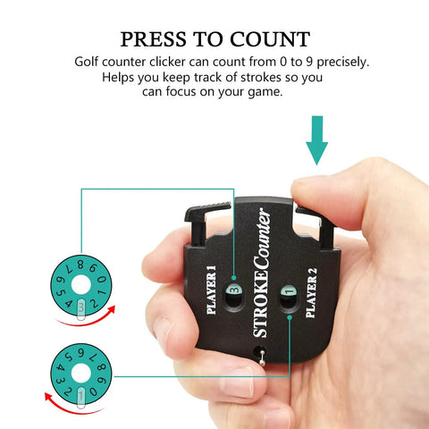 Hand holding Two Player Golf Score Counter Clicker Kit Portable Handy Stroke Counter, durable plastic, battery-free design.