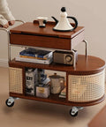 Wooden kitchen cart with books and tea set on top, equipped with 1 inch low profile caster wheels for easy movement.
