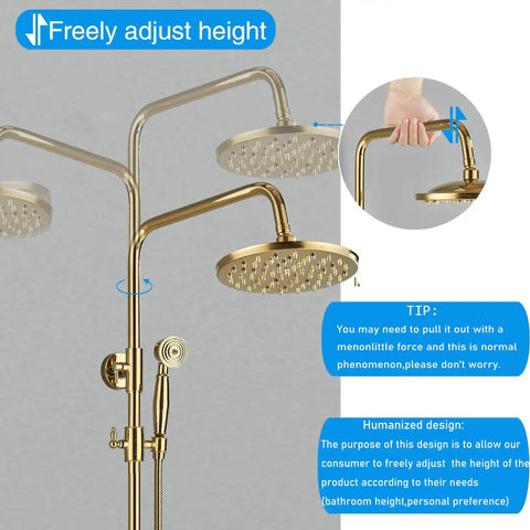 Gold Finish 8 Inch LED Light Rainfall Shower Head 3 Way Shower System with adjustable height and handheld shower