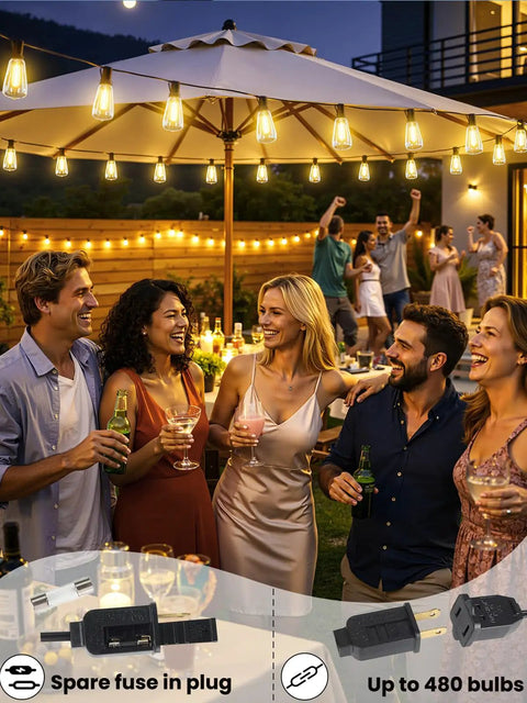 Outdoor String Lights 100 Ft Patio Lighting 52 LED Edison Bulbs create a warm party vibe over backyard gathering, showing spare plugs.