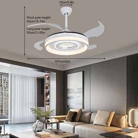 Pwefhsdjvh Ceiling Fan with LED Light 6-Speed Remote Control, modern white design mounted in a living room, 107cm diameter.