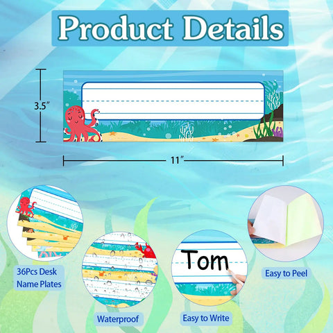 36 Sea Animals Desk Name Plates For Classroom Kid Friendly Personalized Name Tags For Kids And Students Adhesive Labels For Desks Chairs And Lockers Back To School Decor, featuring waterproof vinyl with easy-peel adhesive