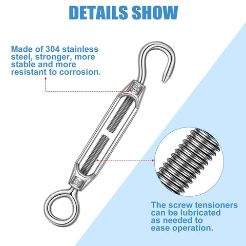 16 Piece Beefy Stainless Steel Turnbuckle Hook And Eye Kit M6 M5 M4 Heavy Duty Cable Tension Hardware for Cables and Wire Rope