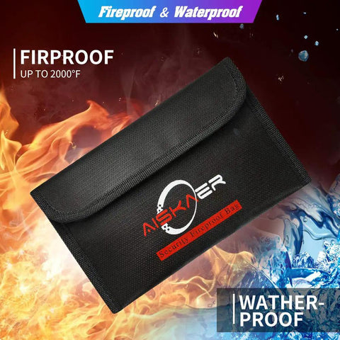 Image of a black Fireproof And Water Resistant Silicone Coated Safe Storage Bag for cash, keys, jewelry, and documents against fire and water backdrop.
