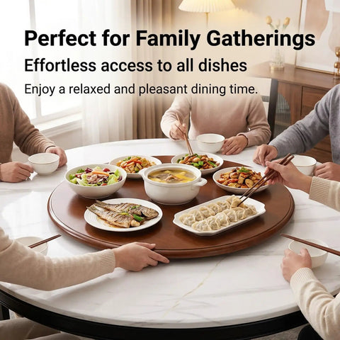 Thick Pine Lazy Susan Turntable The Ultimate Smooth Operator 360 Degree Swivel Spin Kitchen Countertop Server For Family Dinners and House Party Hosting Built to Last featuring dishes shared among family.