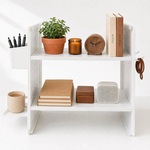 White Desktop Shelf Organizer With Adjustable Two Tier Design Space Saving For Dorm Room And Office shown with books and accessories