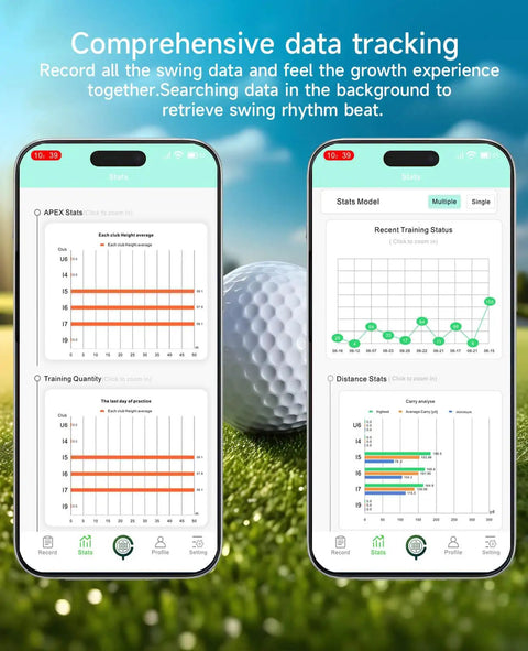 Golf Launch Monitor Pro X1 Plus display, showing swing analysis and data tracking on smartphone for home and training use.