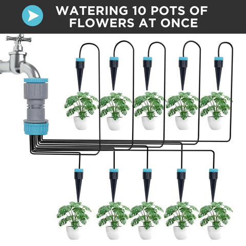 Automatic Drip Irrigation Kit With 10 Drip Emitters And 52 Foot Tubing For Garden Watering Built For Flowers Vegetables Potted Plants And Greenhouses Keeps Your Plants Hydrated While Saving Water And Making Your Yard Look Boss connected to faucet watering 10 pots of plants