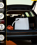 Car trunk with Clear 15 Inch Gas Can Spout Kit With PVC Tube, Rubber Hub, Stopper Cap And Vent Plug next to a fuel jug