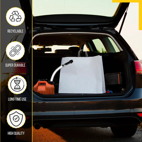 Car trunk with Clear 15 Inch Gas Can Spout Kit With PVC Tube, Rubber Hub, Stopper Cap And Vent Plug next to a fuel jug