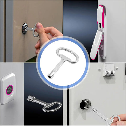 Collage of Universal 6mm Hole Electrical Cabinet Key for switchgear and control cabinets, highlighting various uses and designs.