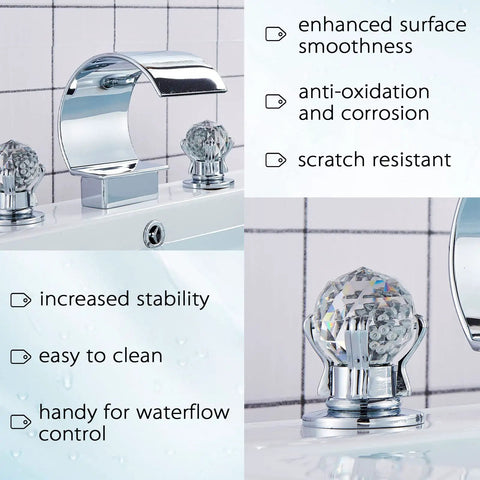 Chrome Bathroom Sink Faucet With 3 Holes And 2 Handles Crystal Knobs High Arc Waterfall Spout displayed on bathroom sink