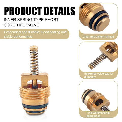Inner spring type short core tire valve details for Sixteen Piece Air Conditioning Valve Core Kit With Disassembly Tool R12 And R134a Cores Valve Caps Buick Cores High Pressure Service Valve Automotive AC System Repair Set showing durable valve cap and uniform thread.