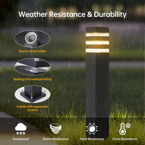Premium Hardwired E26 Outdoor Pathway Light With Matte Black Finish and Elegant Walkway Lantern showing weather resistance features.