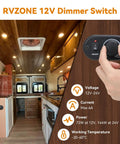 Pro Shop Certified 12V High Side Pwm Dimmer Toggle Switch For Rv Camper Boat And Pickup Trailers Delivers Dead Smooth 3 To 100 Percent Brightness Tweaking With Quick Wire Connections mounted inside an RV with sleek wood paneling.
