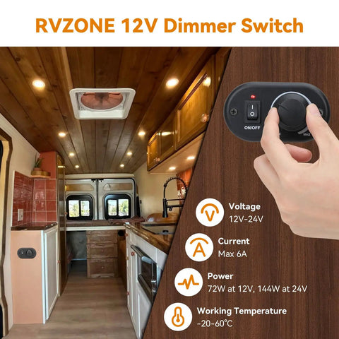 Pro Shop Certified 12V High Side Pwm Dimmer Toggle Switch For Rv Camper Boat And Pickup Trailers Delivers Dead Smooth 3 To 100 Percent Brightness Tweaking With Quick Wire Connections mounted inside an RV with sleek wood paneling.