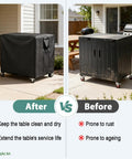 Heavy Duty Waterproof Outdoor Grill Table Cover For Feasto Gas Grill Table And Bar Cart Protects Against Dust Sun Rain And Water While Fitting 36 Inch Long By 24 Inch Wide By 36 Inch High Black shown in 'After' view next to uncovered grill table in 'Before' view.