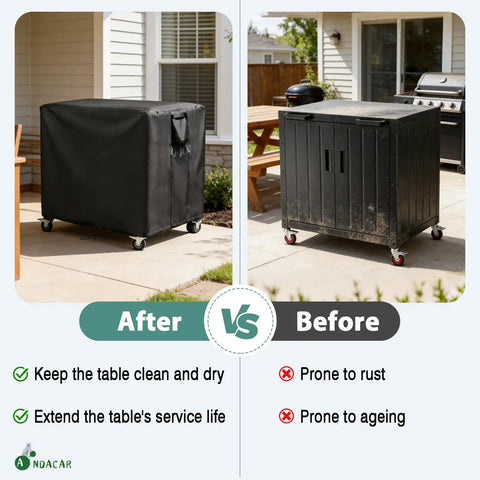Heavy Duty Waterproof Outdoor Grill Table Cover For Feasto Gas Grill Table And Bar Cart Protects Against Dust Sun Rain And Water While Fitting 36 Inch Long By 24 Inch Wide By 36 Inch High Black shown in 'After' view next to uncovered grill table in 'Before' view.