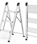 3 Step Aluminum Step Ladder Foldable For Home Use With Steel Frame Stable No Wobble Design Rust Resistant Coating 330 Lb Capacity Lightweight Yet Durable Perfect For Indoor Tasks And Quick Outdoor Fixes. Front and folded view