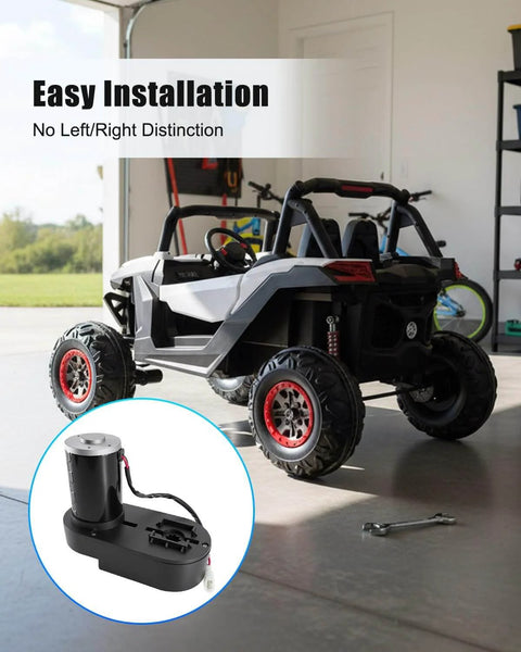 Beefy 24V Brushless Motor Gearbox For Kids Ride On Cars, 3250 RPM 150W Replacement shown beside a UTV toy car