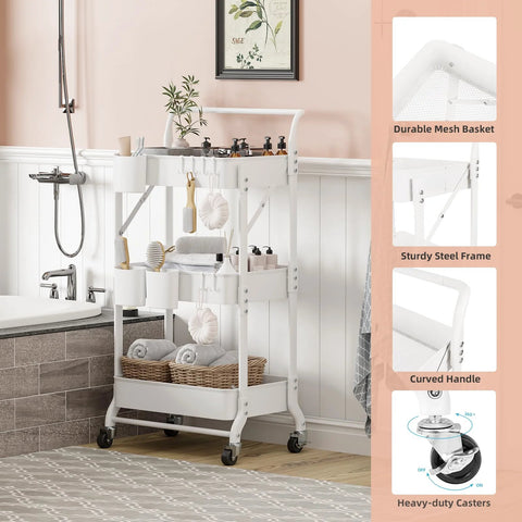 Three-Tier Folding Rolling Utility Cart With Wheels Foldable Storage Organizer For Kitchen Office Living Room Nursery White