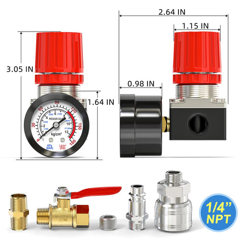 One Quarter Inch Air Regulator With Gauge, 0-180 PSI Inline Regulator For Air Tools And Pneumatic Systems, four-way valve