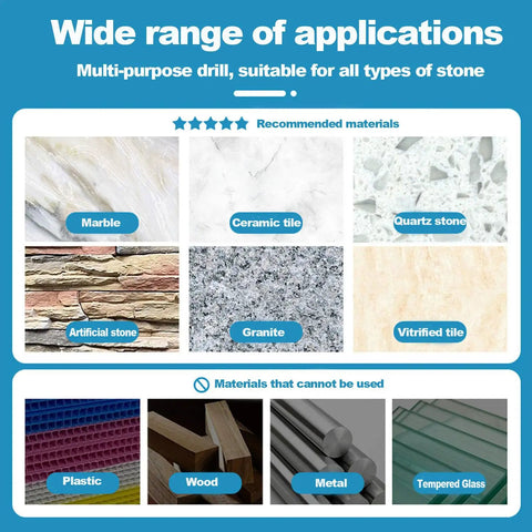 Application guide for Ten Piece Diamond Hole Saw Kit For Ceramic, Marble, Granite And Glass with material compatibility chart.