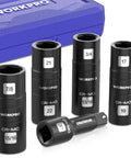 5-Piece 1/2 Inch Drive Impact Socket Set With 3 Inch Extension Bar, Cr-Mo Steel Lug Nut And Wheel Sockets, includes case