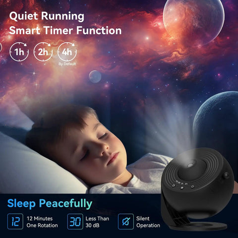Child sleeping under 13 In 1 Galaxy Projector With Nebula Light And Solar System Moon for bedroom ambience, starry sky effect visible.