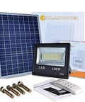JUDYSSY Led Floodlight 100W Led Solar Flood Lights setup includes solar panel, LED light, remote, and mounting bolts.
